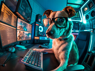 Hacker dog working with computer