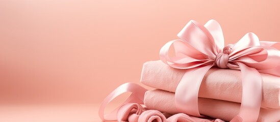 A stack of pink towels tied with a magenta ribbon and bow, making a lovely gesture. The color scheme resembles a blooming flower petal, perfect for a special event or fashion accessory