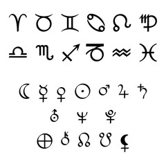 Signs of the zodiac and planetary symbols of astrology. Twelve zodiac signs, ten graphical planet symbols, and the signs for Chiron, True Lilith, Ascending and Descending Nodes, in calligraphic style. - 758267830