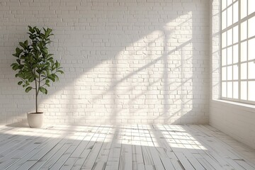 Photorealistic an interior with a white brick wall, useful for photo manipulations or Zoom backgrounds.