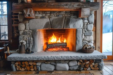 photo of a cozy fireplace with stonewall