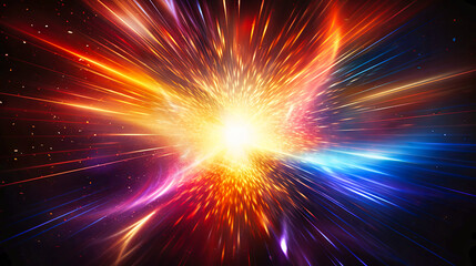 Multiple vibrant light beams shoot out in all directions against a dark background, creating a spectacular explosion of color and brightness.