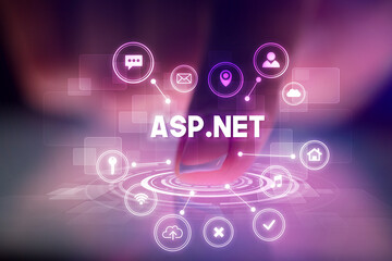 Finger touching tablet with web technology icons concept