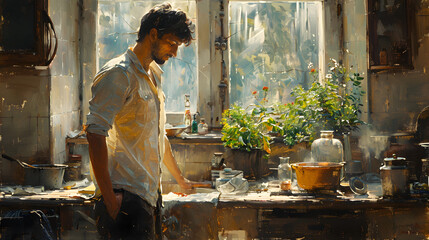 An anonymous man engaged in culinary preps in a rustic sunlit kitchen filled with cooking utensils and homewares