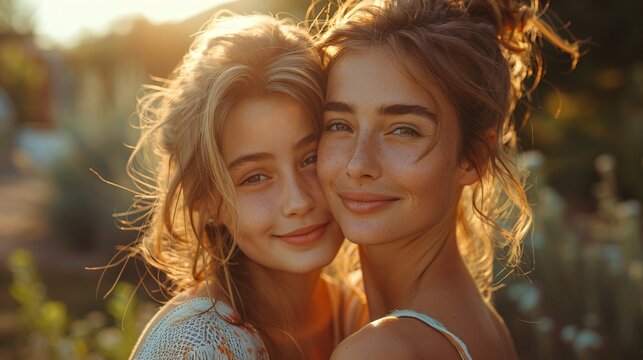 Joyful mom and daughter embracing outside - Idea of blissful family.
