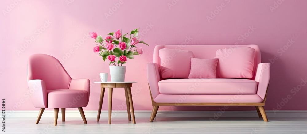 Canvas Prints A cozy living room with a pink couch and matching furniture, complemented by a pink wall. A vibrant violet plant in a vase on the rectangle table adds a pop of color