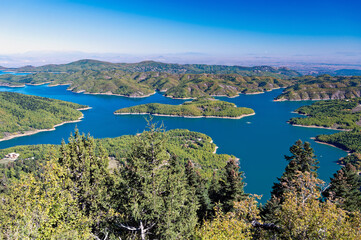 View of the artificial Plastiras or Tavropos lake in Thessaly, Greece