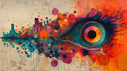 A bold, abstract representation of an eye with a colorful palette conveying creativity against the silhouette of an urban skyline