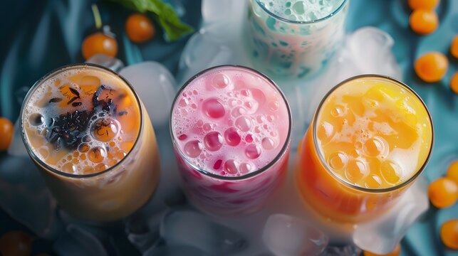 Assorted Boba Tea Drinks with Fresh Fruit Toppings High Quality Image