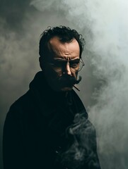 brutal man in black clothes with a black mustache portrait.