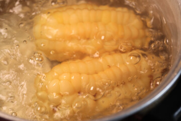 Video of peruvian corn boiling in a pot. Concept of food preparation.