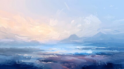 Naklejka premium Impressionistic Landscape Painting of Sunrise Over Mountains and Lake