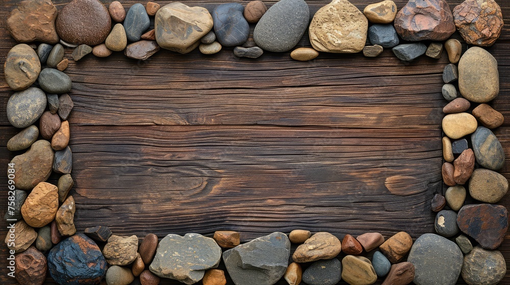Poster frame made of stones with a background of wood. ai generative.