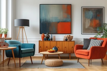 Stylish scandinavian living room interior of modern apartment with wooden commode, design table, chairs, carpet, abstract paintings on the wall and personal accessories in unique home decor. 