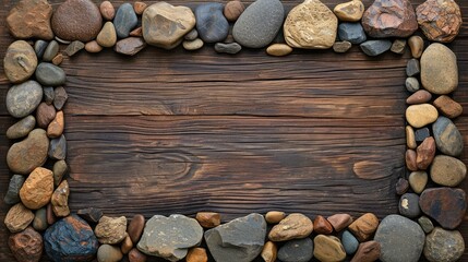 Frame made of stones with a background of wood. AI generative.
