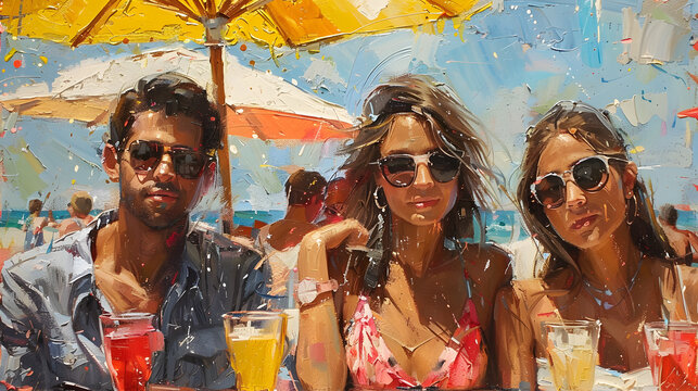 Vibrant painting of three young friends with sunglasses, sharing drinks under a beach umbrella