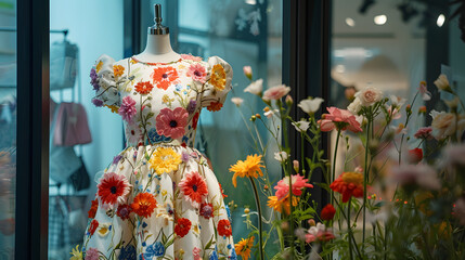 Floral Dress on Mannequin in Boutique Window Display Fashion and Retail Concept