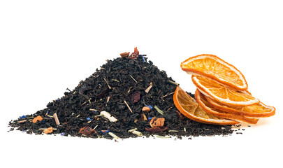 Pile of black tea with dried fruits and petals isolated on a white background. Black tea and slices of dried oranges. - 758269470