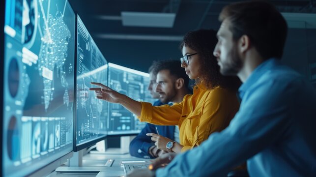 IT specialists collaborate in a high-tech environment, analyzing and discussing complex data displayed on a large screen. AIG41