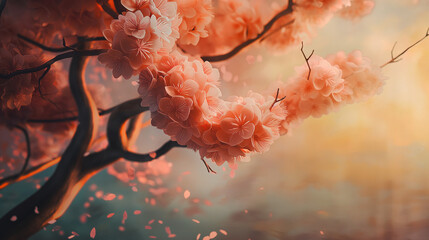 Zbliżenie na gałązkę dzikiej wiśni obsypaną pięknymi, różowymi kwiatami - obrazy, fototapety, plakaty