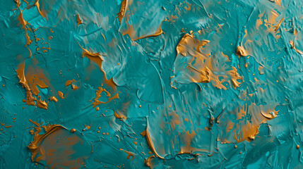 Abstract painting in dark turquoise and gold color