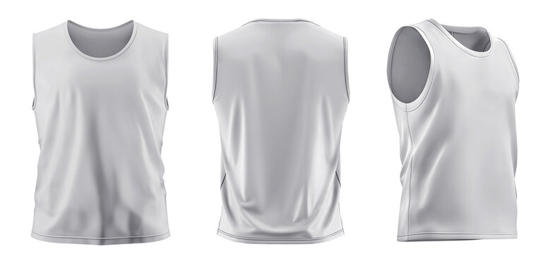  Set of men white front, back and side view sleeveless tee t shirt tank singlet vest round neck on transparent background cutout PNG file. Mockup template for artwork design.
