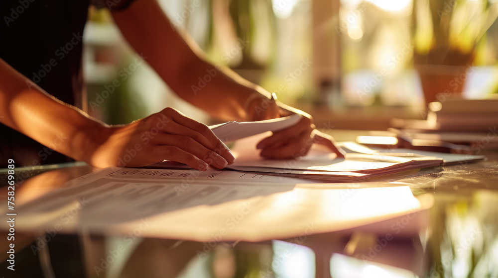 Poster close-up of a person's hands sorting through a large stack of papers and documents secured with blac