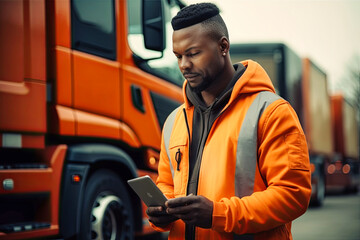 In the form of orange color with a tablet. A black man near a truck - obrazy, fototapety, plakaty