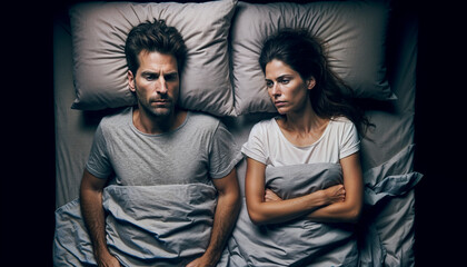 A man and woman lying in bed, facing each other with worried expressions. couple crisis
 - obrazy, fototapety, plakaty