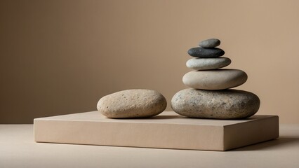 Minimalist Stone Pedestal 3D Rendering of an Empty Stack of Stones Platform Podium on a Beige Background, Creating a Minimalist Scene for Product Presentations