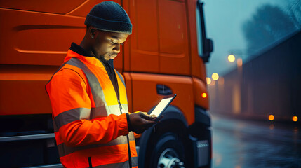 In the form of orange color with a tablet. A black man near a truck - obrazy, fototapety, plakaty