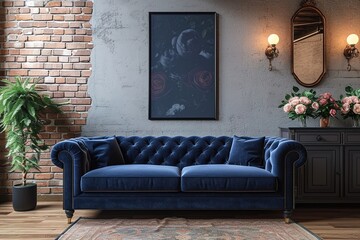 The interior of a modern living room with a dark blue sofa next to a brick wall on which a horizontal poster hangs, in the background you can see a mirror above the cabinet with flowers