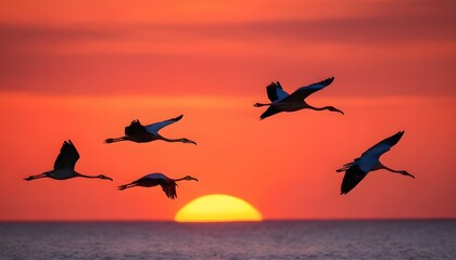 Flamingos In Flight Against A Vibrant Sunset