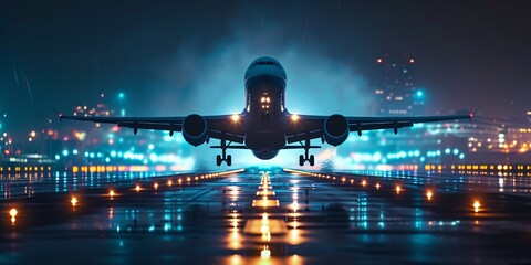An airplane departing with an airport in the backdrop, showcasing the futuristic concept of air travel and navigation with advanced aviation technology and AI, during a night flight carrying cargo. - obrazy, fototapety, plakaty