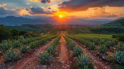 Dusk falls on a field of Agave plants used to make Tequila in Mexico.