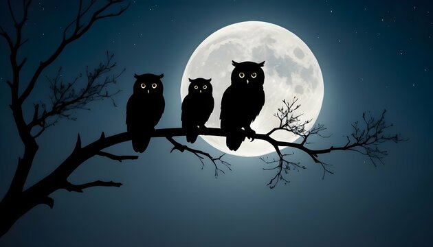 Owls With Moonlit Silhouettes On A Branch