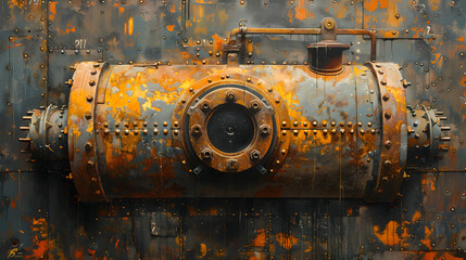 Detailed view of a large industrial rusty cylinder, showcasing weathered textures and mechanical parts