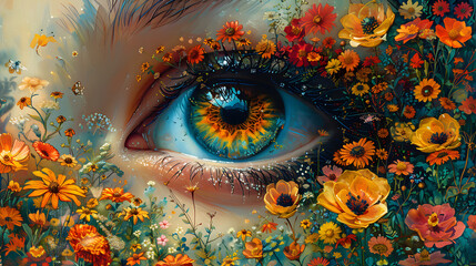 A detailed and vibrant image showcasing an eye amidst an array of colorful flowers and foliage