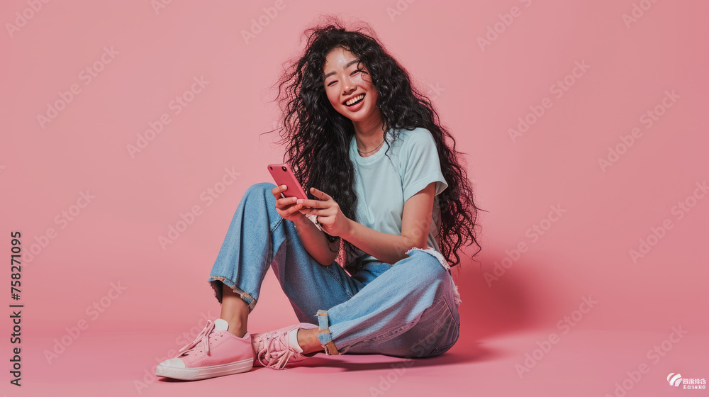 Sticker young woman smiles joyfully while holding her smartphone against a colored background.