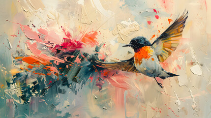 An expressive abstract of a hummingbird in mid-flight created with dynamic brushstrokes and splashes
