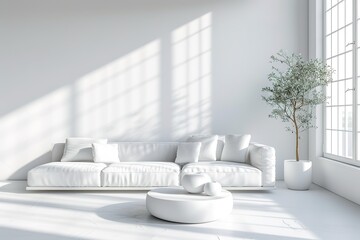 White modern living room, minimal home design mockup on empty bright background, 3d render