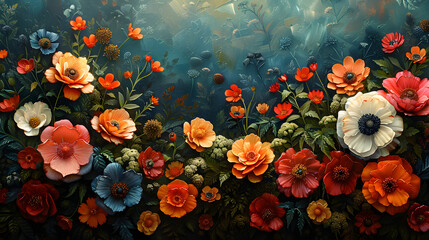 An array of diverse, colorful flowers seems to be submerged underwater, exuding a sense of calmness and mystery