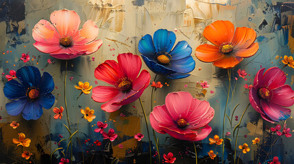 A vibrant, textured painting of vivid multi-colored flowers against a splattered background providing contrast