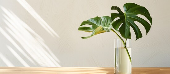 Green monstera plant in vase beside water bottle and glass on wooden table in minimalist room