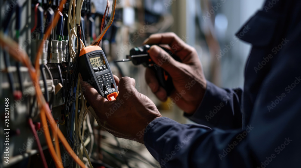 Poster a technician in professional attire is carefully using a digital multimeter to check or troubleshoot