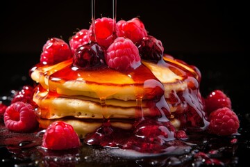 Pancakes with raspberries and honey on black background, sweet homemade breakfast food