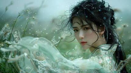 A highly detailed image of a woman adorned with raindrops amidst grass, wearing traditional attire