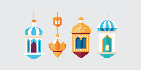 Fototapeta na wymiar Festive Collection of 4 Arabic Ramadan Lanterns Vector: Ornate Decor Elements for Eid Celebration