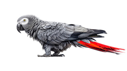 Fototapeta premium African Grey Parrot With Red and Grey Feathers - Transparent background, Cut out
