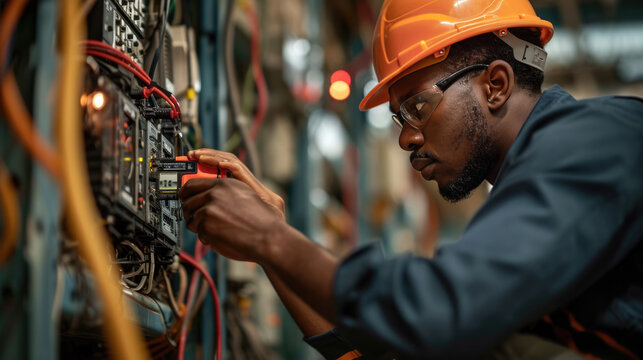 A focused electrician in a yellow safety helmet meticulously works on a complex electrical panel